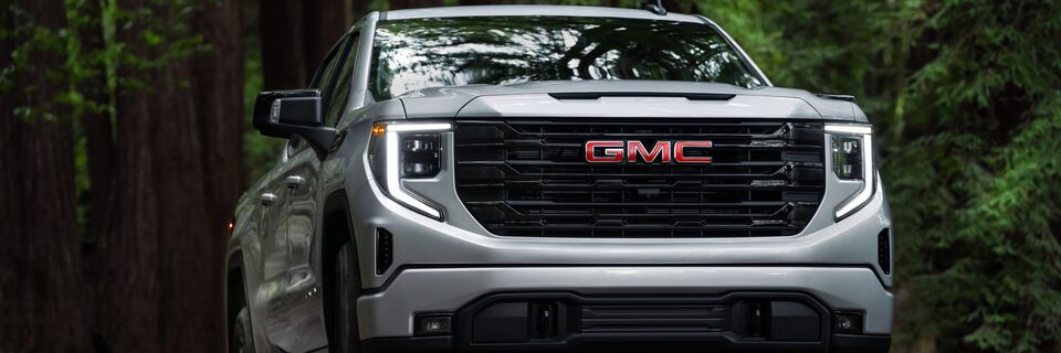 Quicksilver Metallic GMC Sierra SLE/SLT Parked Off-Road in Forest