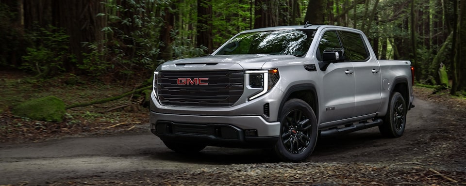 Quicksilver Metallic GMC Sierra SLE/SLT Driving Off-Road in Forest