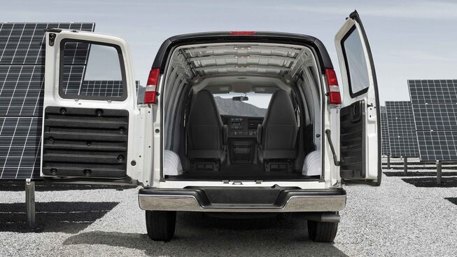 2022 GMC Savana Cargo Van with rear doors open