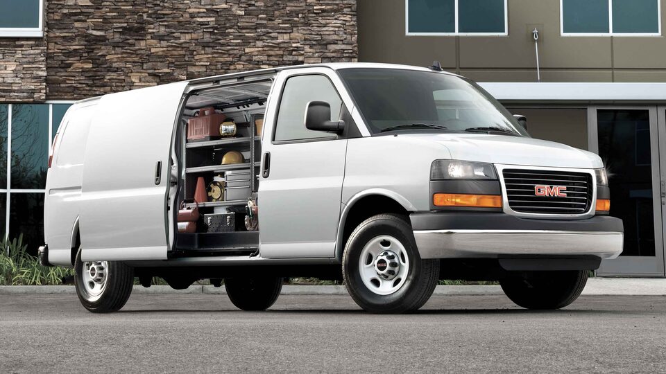 2022 GMC Savana Cargo Van with rear cargo door open