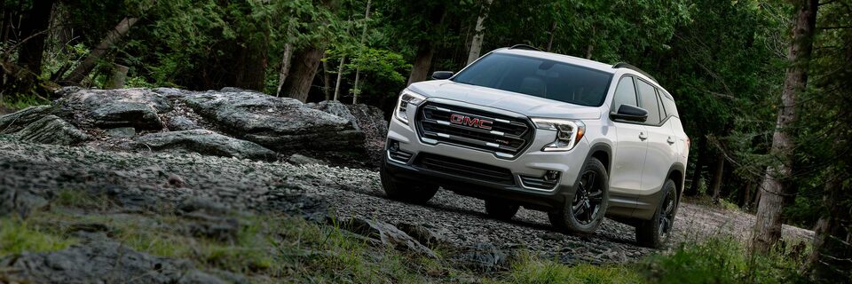 Striking Summit White GMC Terrain Parked Off-Road in the Forest