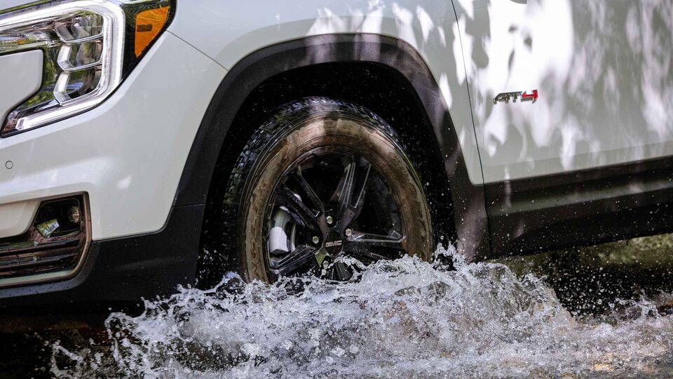 Closeup on Black Rim and Tire on the GMC Terrain AT4