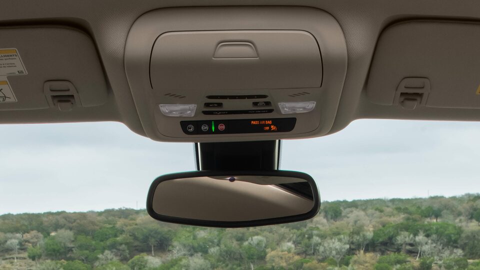 Rear View Mirror Highlighting OnStar Toggle With a View of the Forest