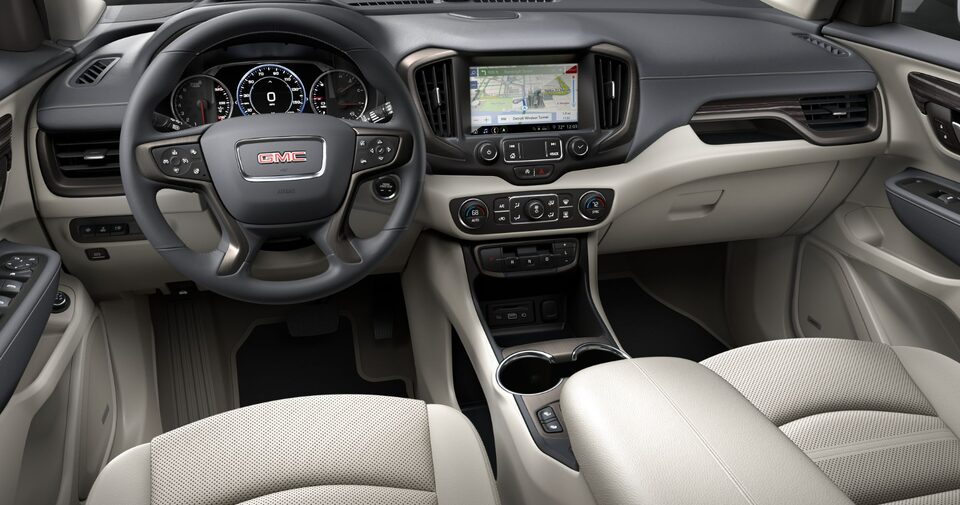 Driver Perspective of the Terrain Denali's Sleek Dark Galvanized/Light Platinum Technology Packed Interior