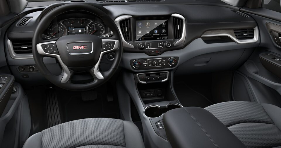 Steering Wheel, Infotainment System, and Jet Black Interior on the GMC Terrain SLE
