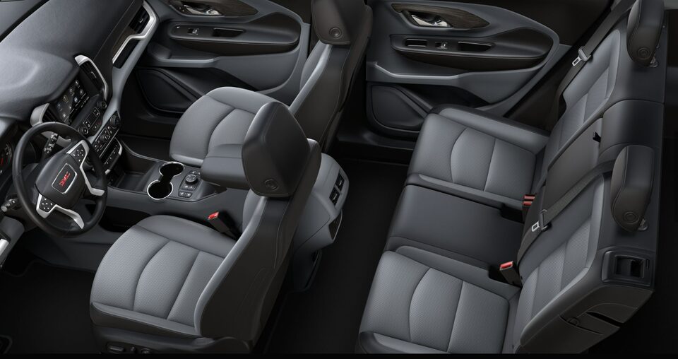 Steering Wheel, Infotainment System, and Jet Black Interior on the GMC Terrain SLE