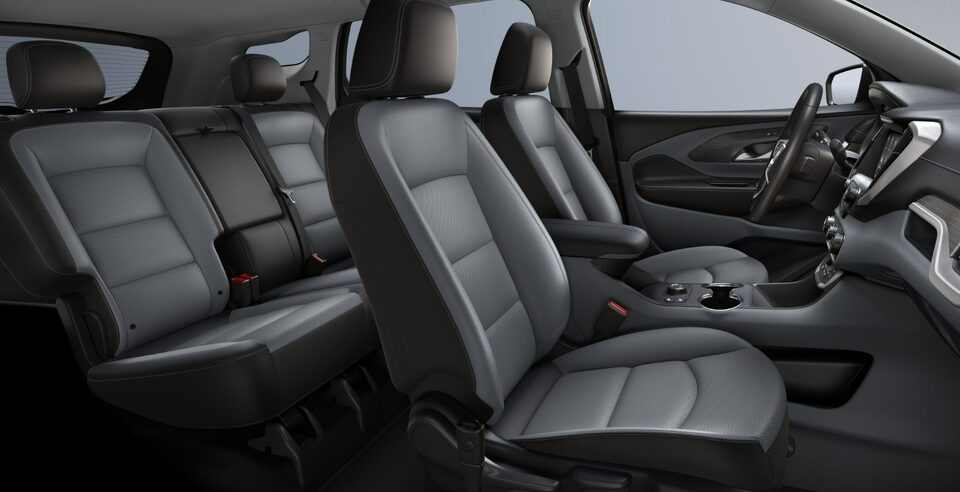 Steering Wheel, Infotainment System, and Jet Black Interior on the GMC Terrain SLE