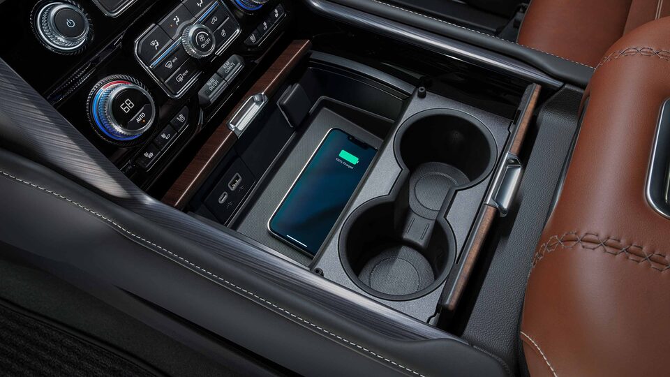 The Cupholders and Wireless Charging Pad on the GMC Yukon Denali