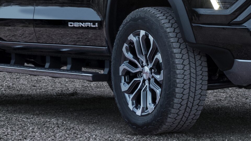 Closeup on the Tire and Rim of the Black GMC Canyon Denali