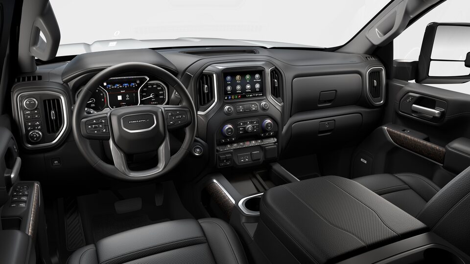 The Infotainment System, Steering wheel, and Jet Black Interior on the GMC Sierra 