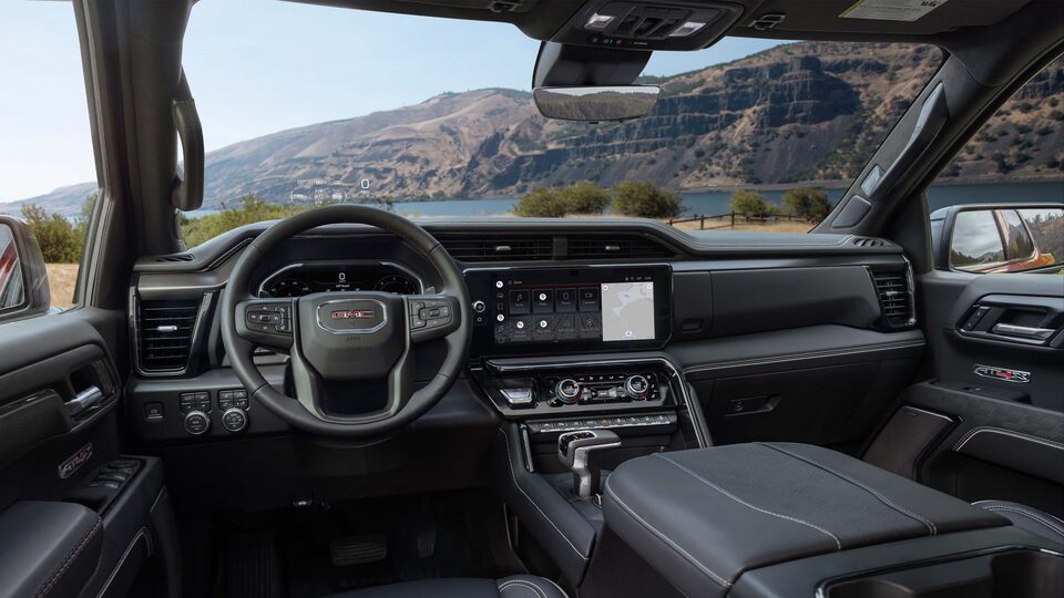 Driver Perspective of the Interior of the Sierra AT4X with a Gorgeous View