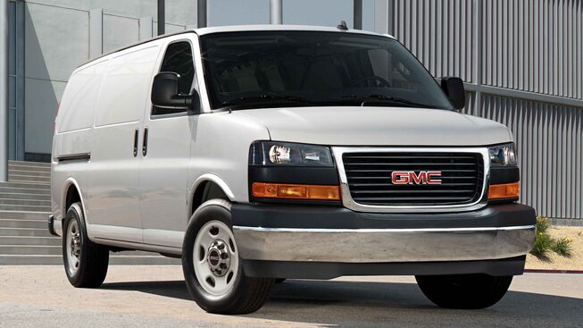 Exterior passengers side Three-Quarters view with Stabilitrak on the 2023 Savana Cargo Van