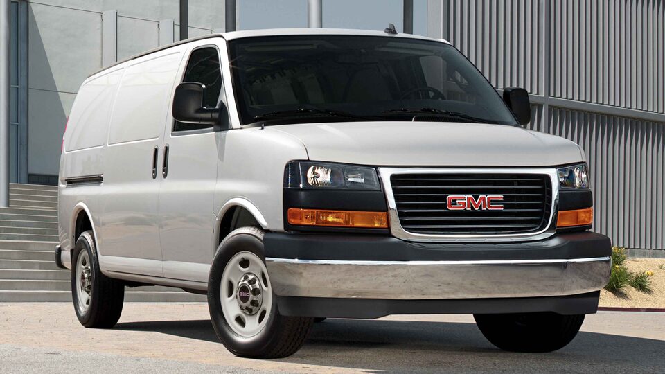 Exterior passengers side Three-Quarters view with Stabilitrak on the 2023 Savana Cargo Van