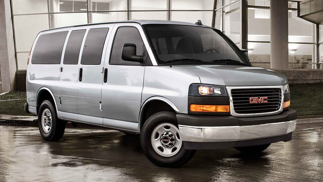 Front Exterior Passenger Side View on the 2023 GMC Savana Passenger Van