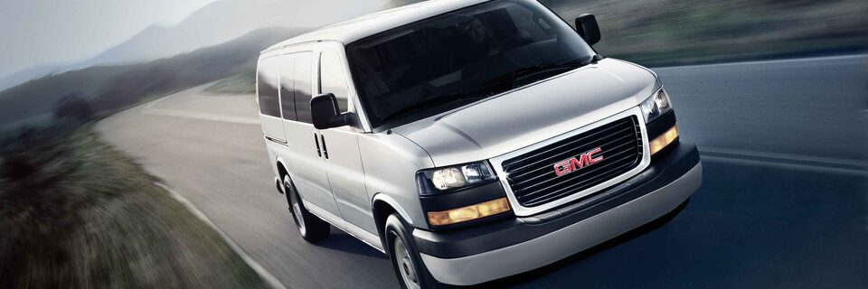 Front angle view on the 2023 GMC Savana Passenger Van