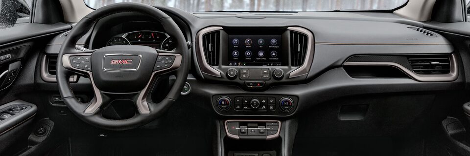 The Front Interior Seating and Steering Wheel on the GMC Terrain