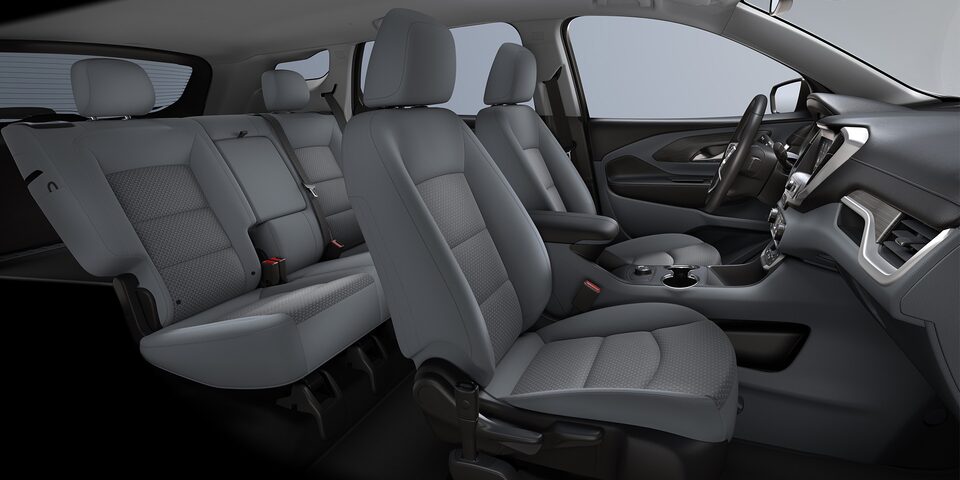 A Passenger's Side View of the Medium Ash Gray and Jet Black GMC Terrain Interior
