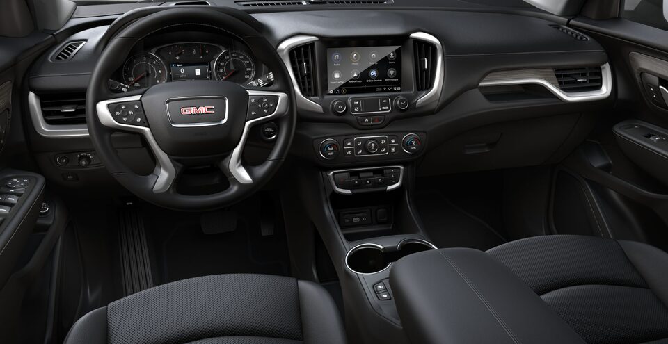 A Driver's Side View of the Interior and Front Dashboard of the GMC Terrain