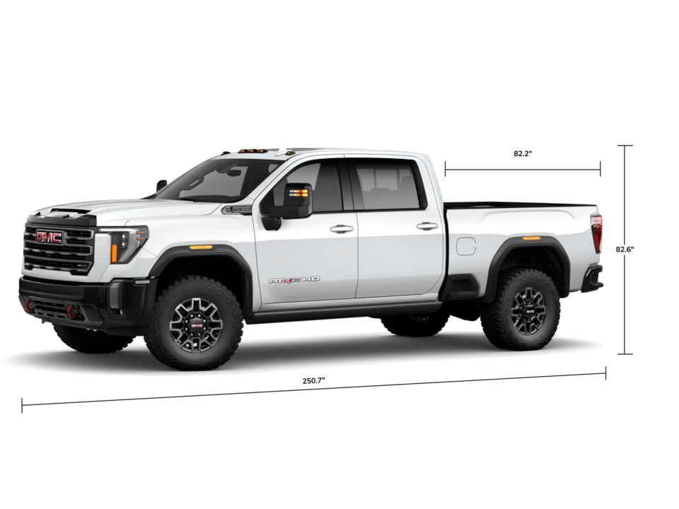 Front Three-Quarters View of a 2024 GMC Sierra HD 2500 AT4X Off-Road Work Truck with a Dimensions Diagram