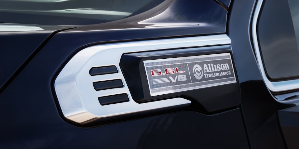 6.6 V8 Allison Engine Badging on the Side of the Sierra HD AT4