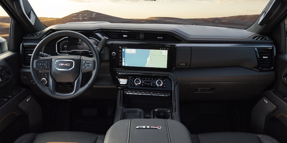 The Technology Packed Kalahari Interior of the Sierra HD AT4 with a View of the Mountains