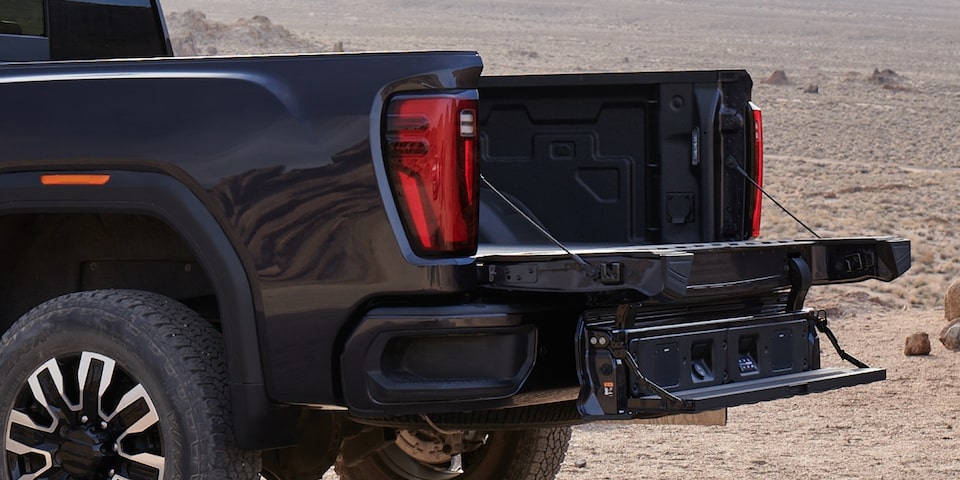 The Open Power Liftgate on the GMC Sierra HD Pro Parked in the Desert