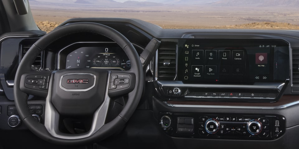 The Steering Wheel and Infotainment System on the GMC Sierra HD
