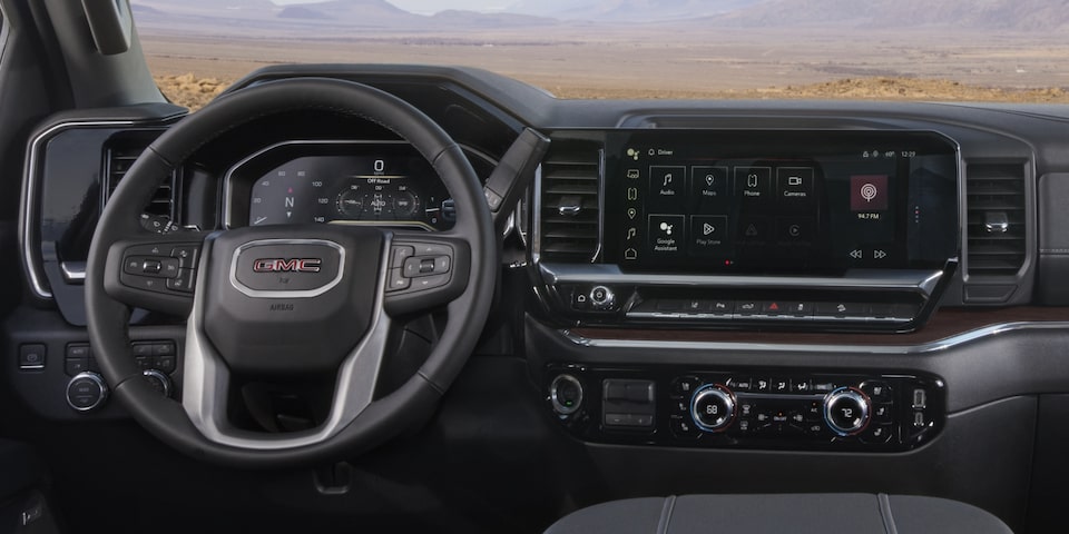 The Steering Wheel and Infotainment System on the GMC Sierra HD