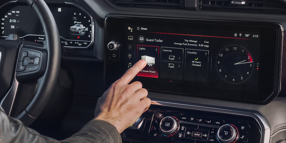 Close-Up of the Infotainment System Displaying the Rear Towing Camera