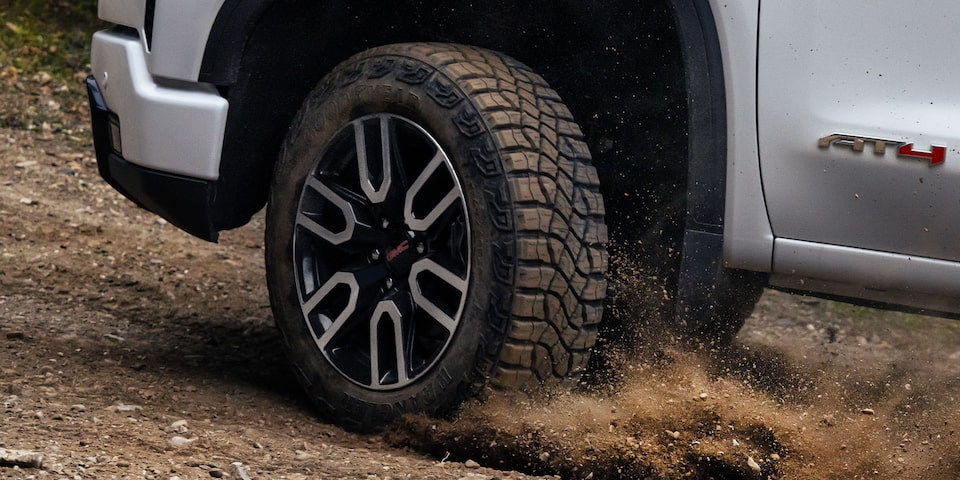 Close-Up of the Mud Terrain Tires of the GMC Sierra 1500 AT4