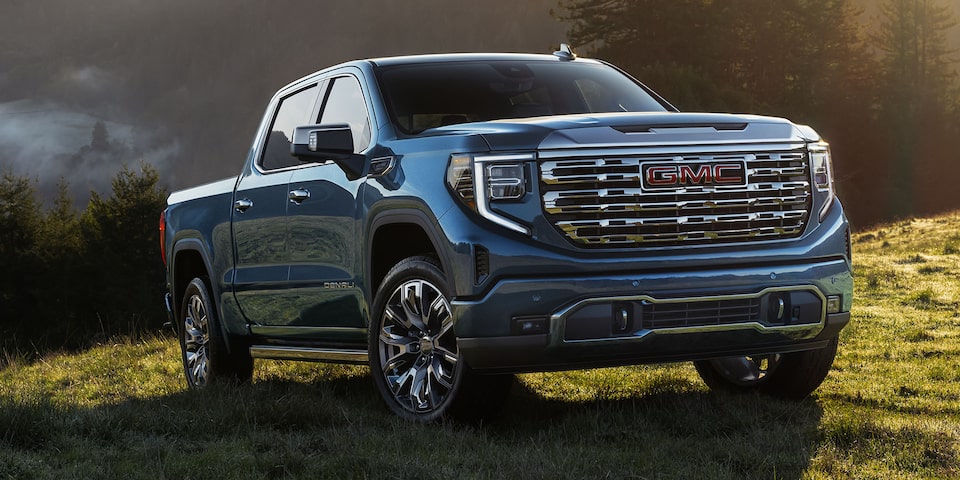A Shot of the GMC Sierra LD Denali Parked On a Grassy Hill