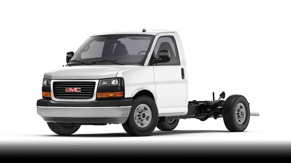 Front Three-Quarters View of a 2024 GMC Savana Cutaway Van