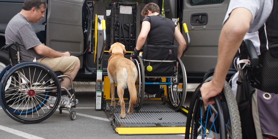 People in Wheelchairs and a Dog Getting into a GMC Savana Passenger