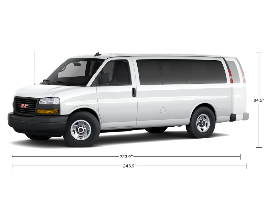 Front Three-Quarters View of a 2024 GMC Savana Passenger Van with a Dimensions Diagram