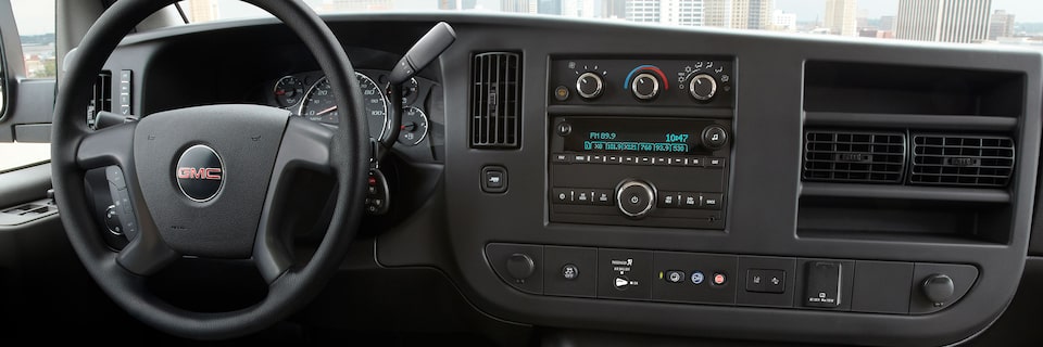 Close-Up of the Front Interior Cabin of the GMC Savana Passenger