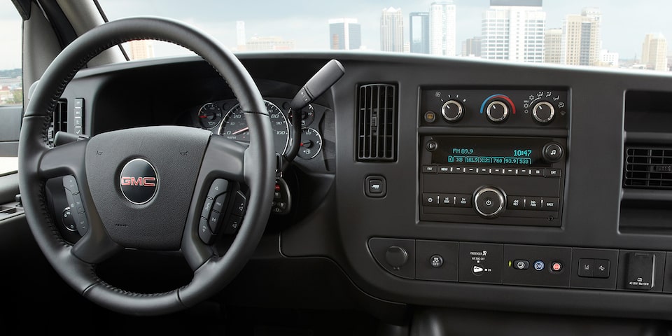 Close-Up on the Leather Steering Wheel of the GMC Savana Passenger
