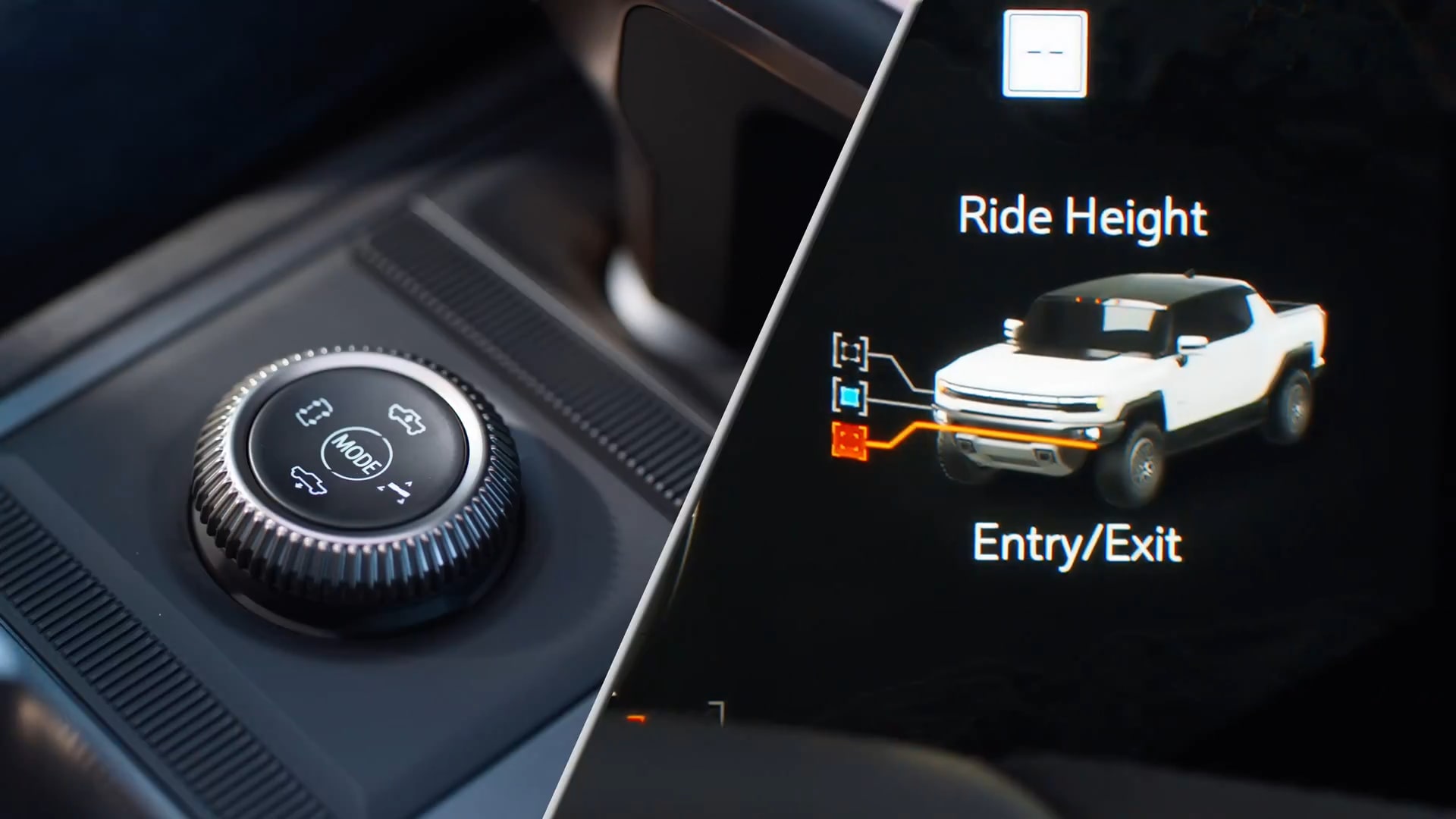 The 2025 Hummer EV Driver Mode Control Knob and a Graphic of the Air Ride Adaptive Suspension