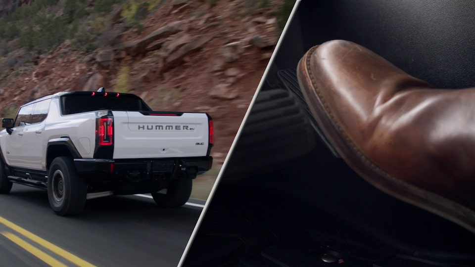 A Picture Collage of the Rear End of a 2025 Hummer EV Driving and Another Image of a Close-Up of a Person Utilizing One Pedal Driving