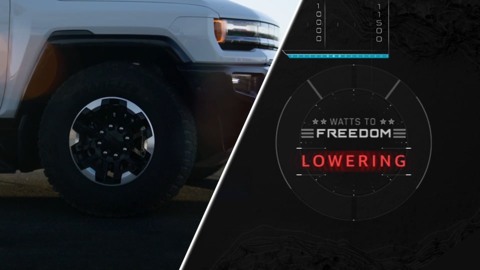 Close-Up of the Wheel and Headlight on a 2025 Hummer EV Truck with Text Overlay "Watts to Freedom Lowering"