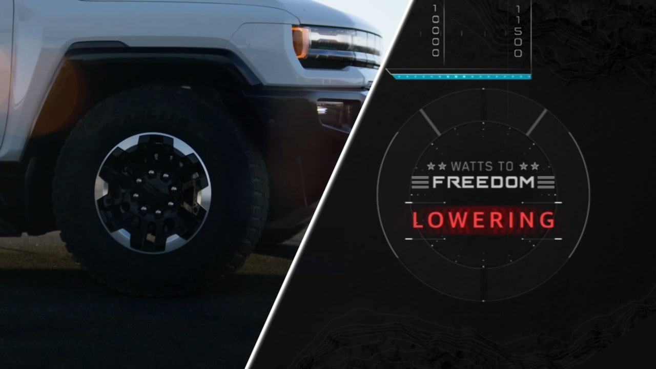 Split Image with the Left Showing a Side View of a Tire and Right Side Showing the Settings Options for the GMC Hummer EV SUV