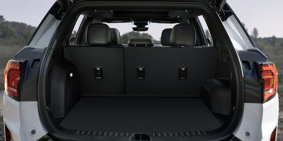 Interior View From the Rear Open Tailgate of the GMC Acadia AT4 Mid-Size Off-Road SUV