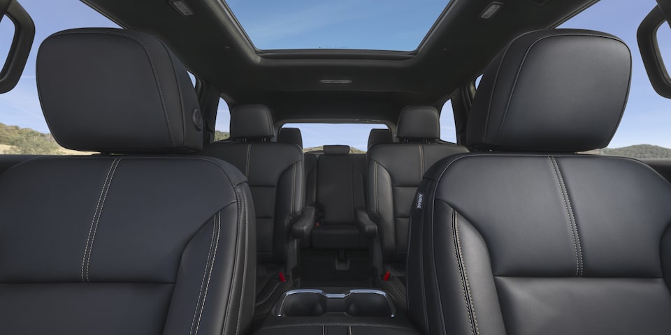 Interior View of the Black Leather Three Row Seating in the GMC Acadia