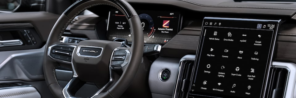 Interior Passenger View of the Steering Wheel and Infotainment System