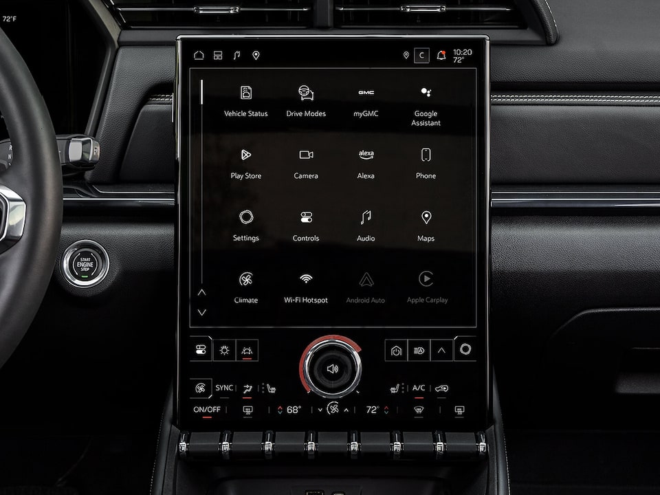 Close-up of the GMC Terrain Infotainment System with Google Built-in Compatibility