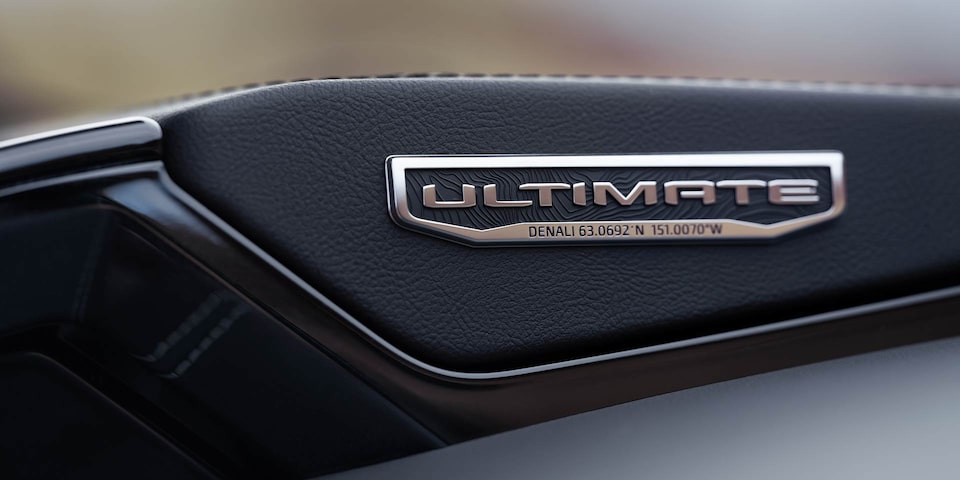 Close-up of the Interior Ultimate Badging in the GMC Yukon Large SUV