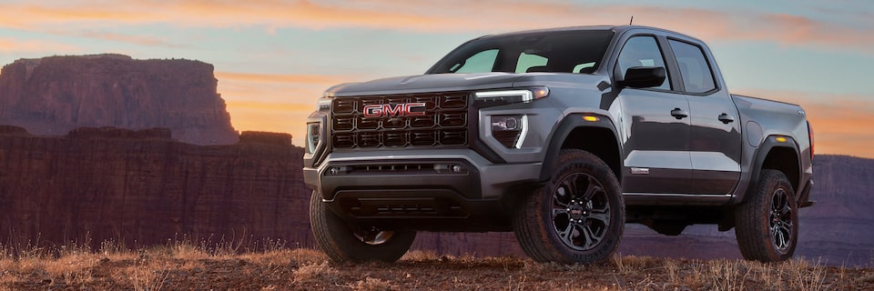 Three-quarter View of a 2025 GMC Canyon Truck Parked in the Canyon Desert