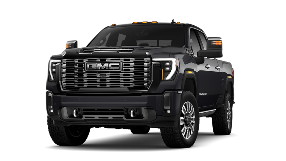 Front Three-Quarters View of a Black 2025 GMC Sierra HD Denali Pickup Truck