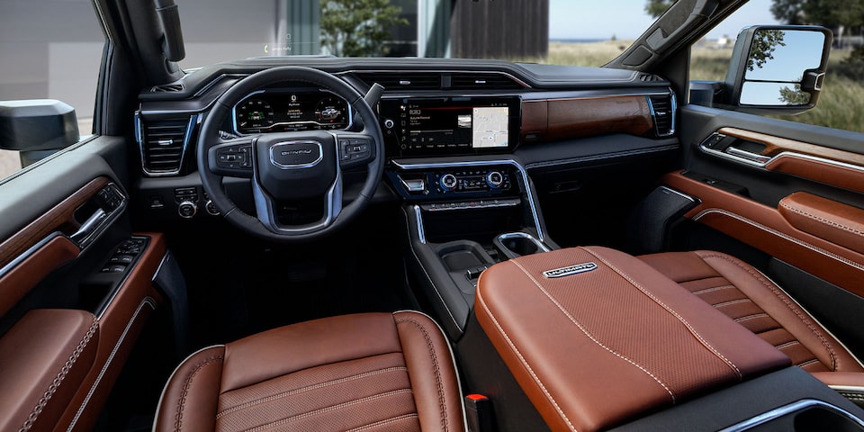 Close-Up on the Stitched Leather Interior Seating of the GMC Sierra HD