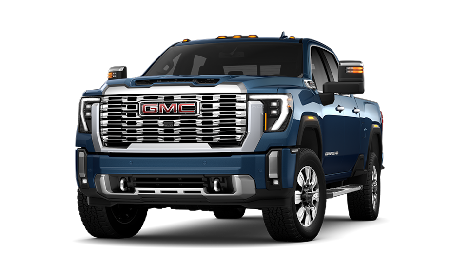 Front Three-Quarters View of a Blue 2025 GMC Sierra HD Denali Luxury Truck