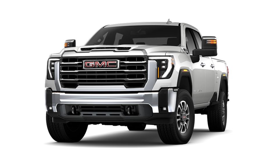 Front Three-Quarters View of a Silver 2025 GMC Sierra HD Pickup Truck